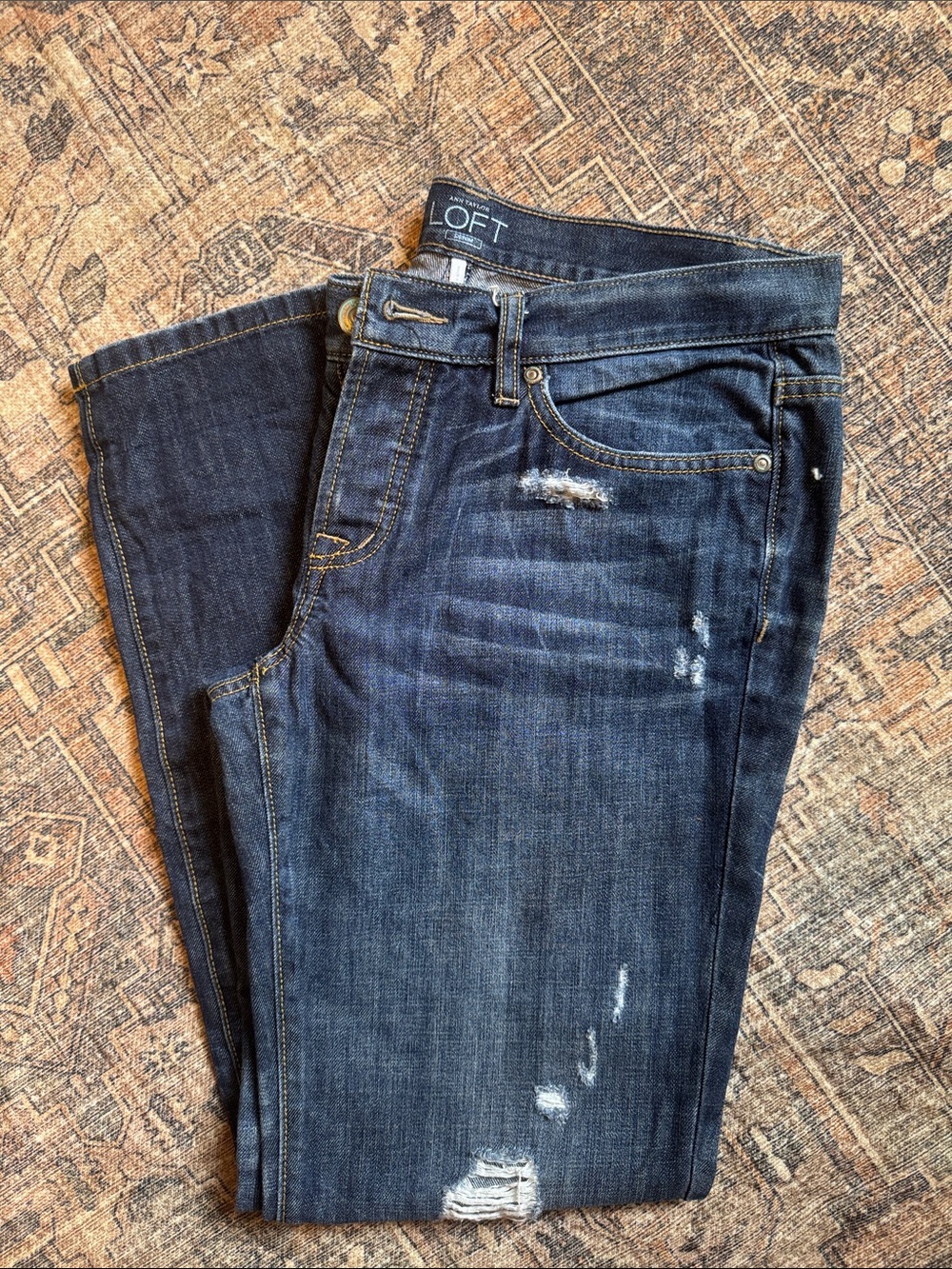 LOFT Women's Dark Blue Boyfriend Jeans with Light Distressing Size 4
